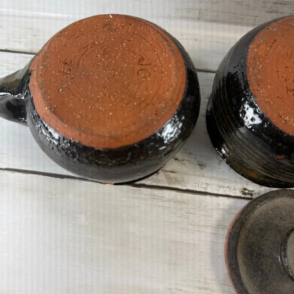 Vintage JC Studio Pottery‎ Tea Set Teapot Lidded Sugar Bowl Creamer Dark Glaze